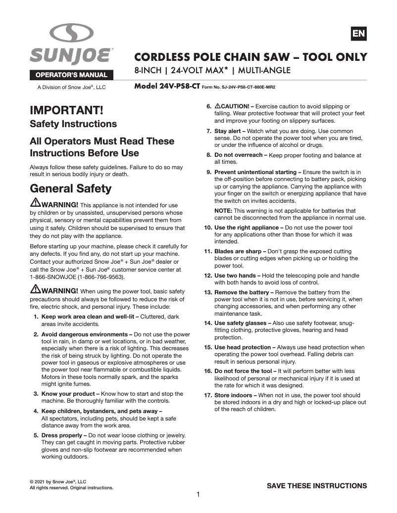 Page 1 de la notice Manuel utilisateur Sun Joe 24V-PS8-CT