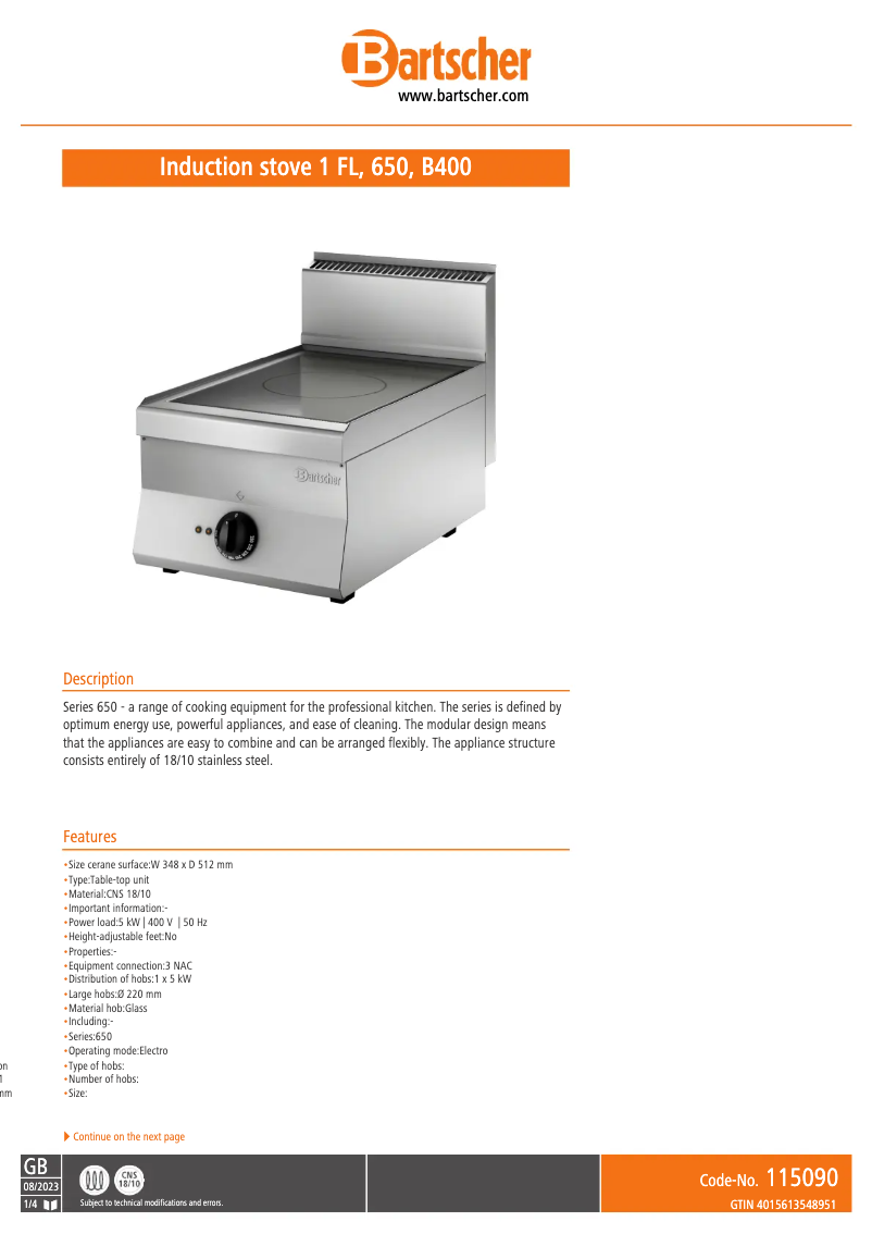 Page 1 de la notice Fiche technique Bartscher 115090