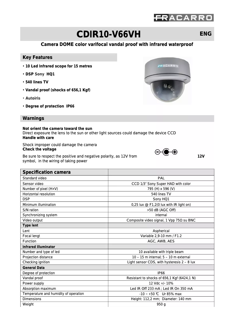 Page n°1 - Manuel utilisateur Fracarro CDIR10-V66VH