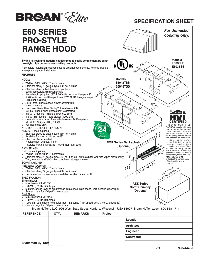 Page n°1 - Fiche technique Broan E6048TSS