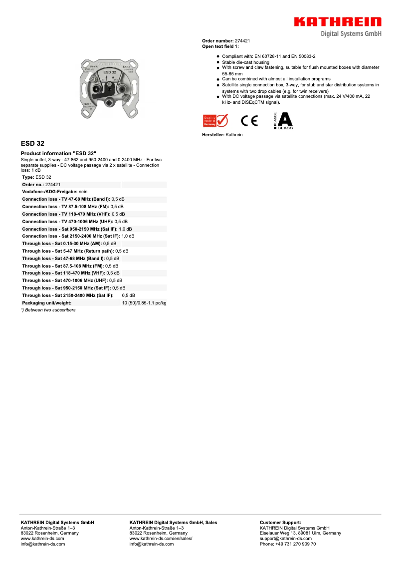 Page 1 of the manual Technical Sheet Kathrein ESD 32