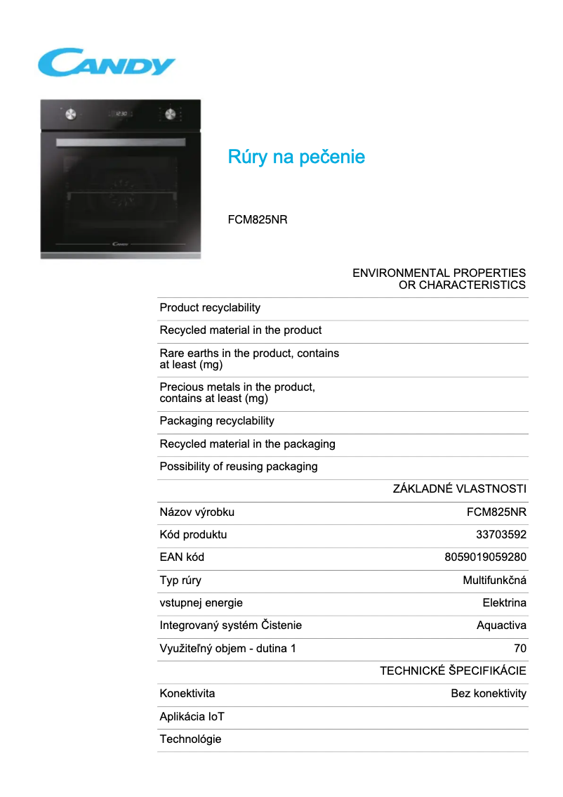 Page 1 de la notice Fiche technique Candy FCM825NR