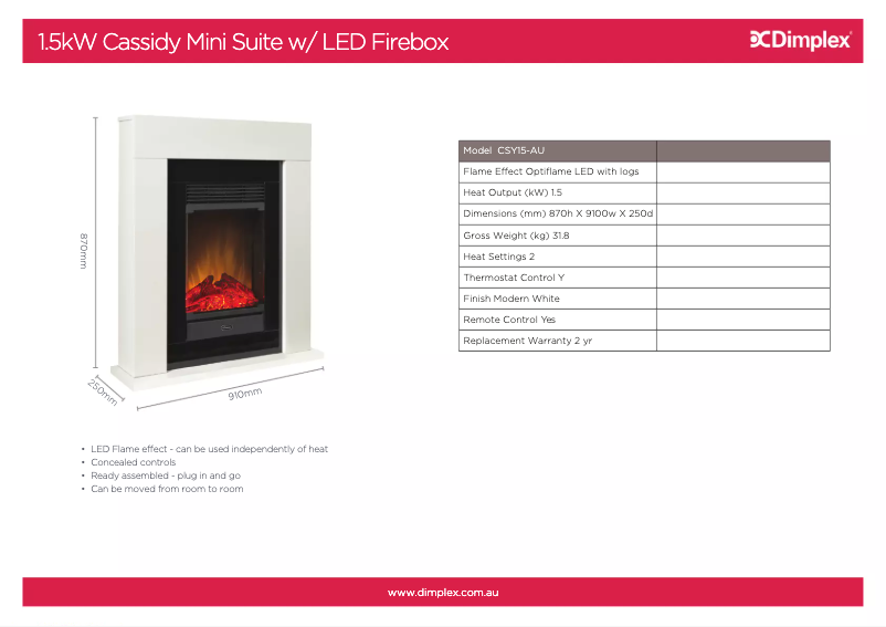Page 1 de la notice Fiche technique Dimplex Cassidy CSY15-AU