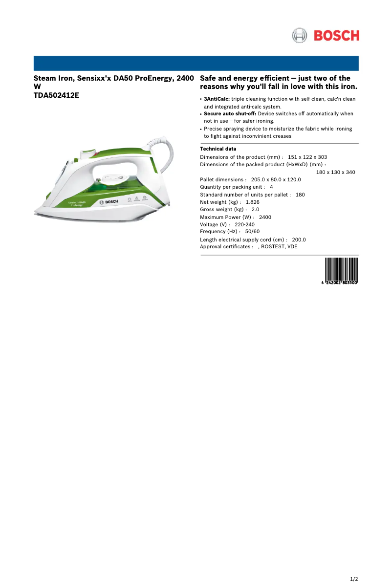 Page 1 de la notice Fiche technique Bosch Sensixx'x DA50 ProEnergy TDA502412E