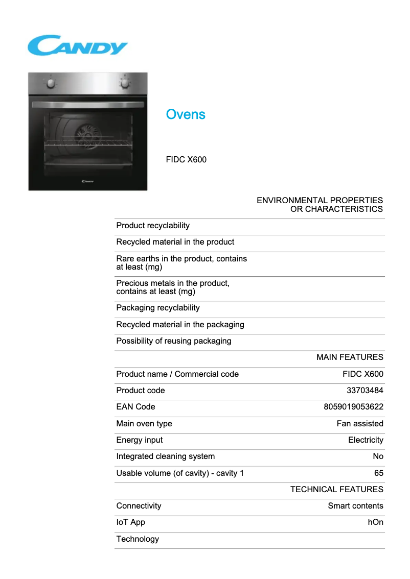 Page 1 de la notice Fiche technique Candy FIDCX600