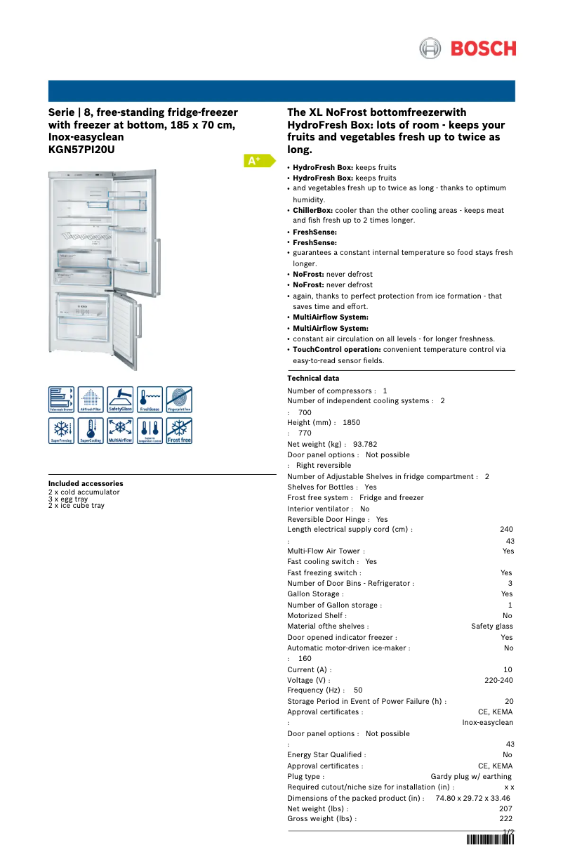 Page 1 de la notice Manuel utilisateur Bosch KGN57PI20U