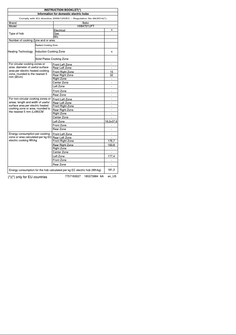 Page 1 de la notice Fiche technique Beko HII84701UFT