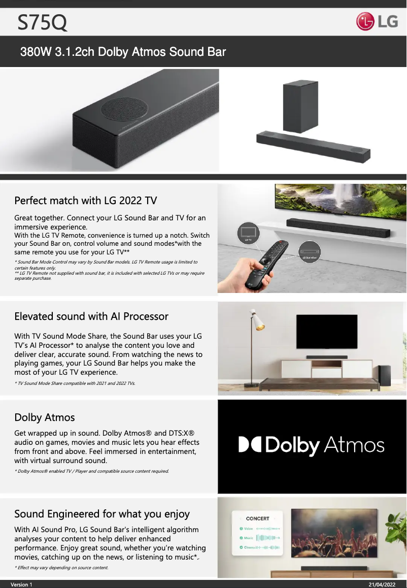 Page 1 de la notice Fiche technique LG S75Q