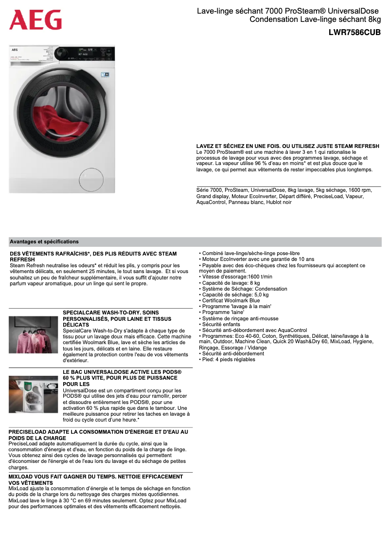 Page 1 de la notice Fiche technique AEG LWR7586CUB