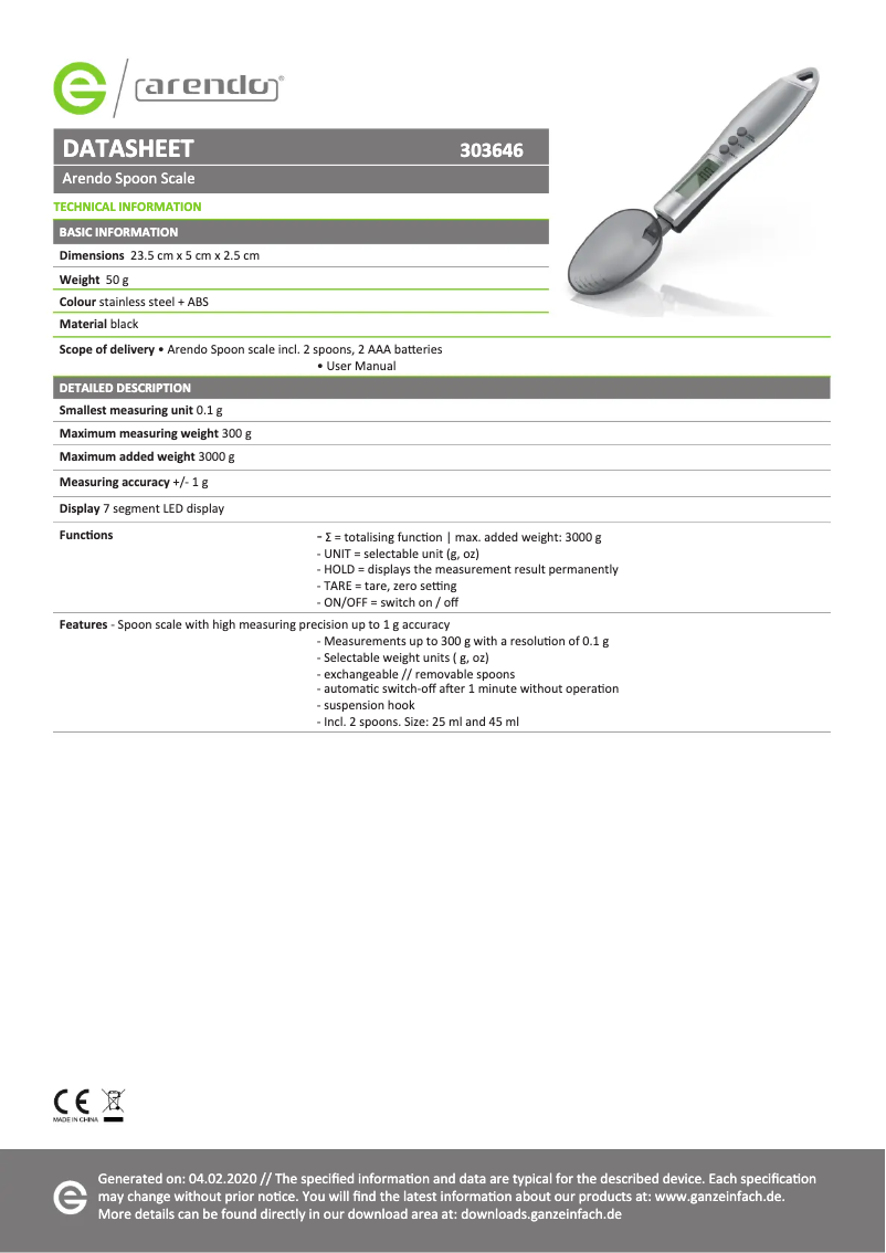 Page 1 de la notice Fiche technique Arendo 304636