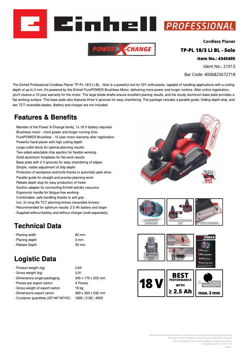 Page 1 de la notice Fiche technique Einhell TP-PL 18/3 Li BL