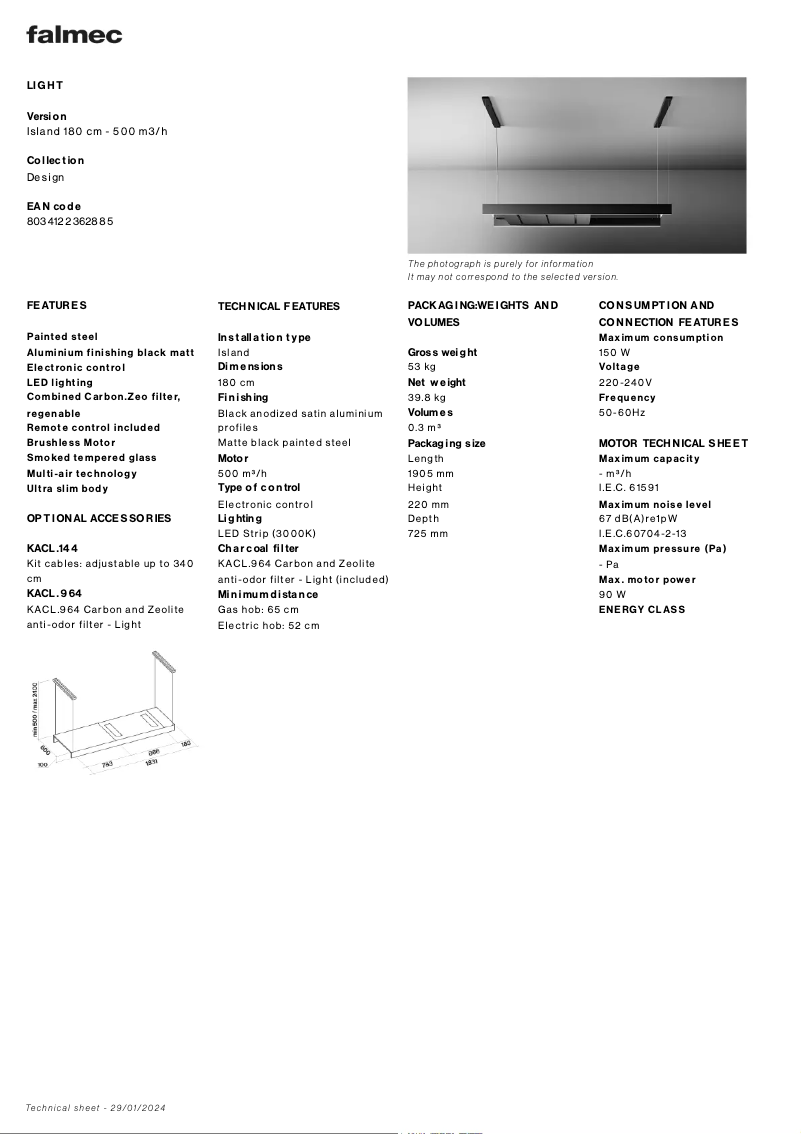 Page 1 de la notice Fiche technique Falmec Light