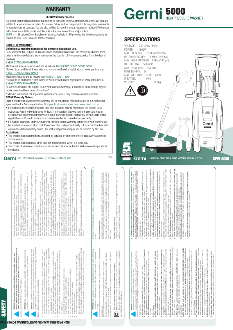Page n°1 - Manuel utilisateur Gerni 5000
