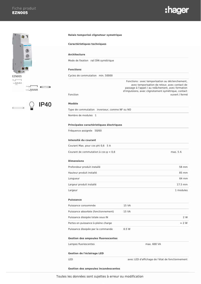 Page n°1 - Fiche technique Hager EZN005