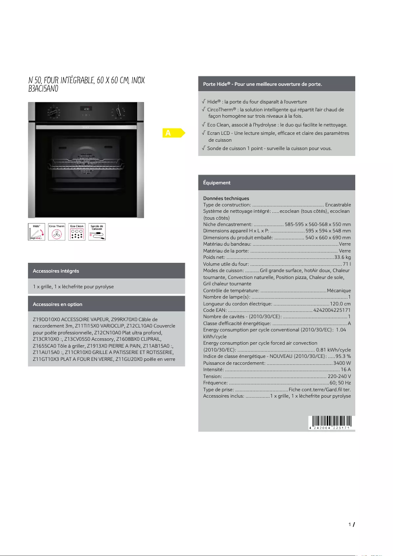 Page 1 de la notice Fiche technique Neff B3ACI5AN0