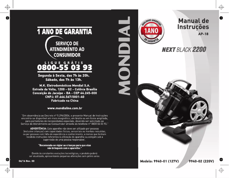 Page 1 de la notice Manuel utilisateur Mondial Next Black 2200 AP-18
