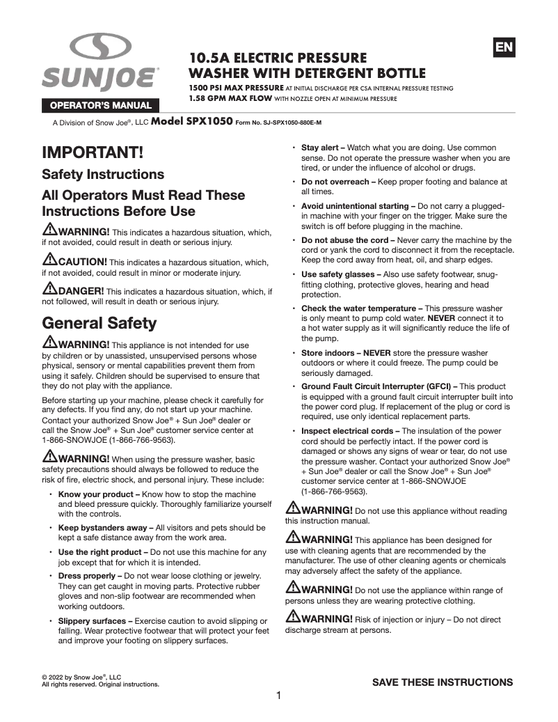 Página 1 del manual Manual de usuario Sun Joe SPX1050