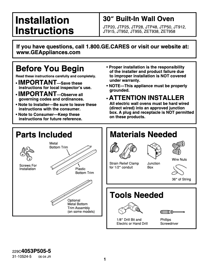 Page 1 de la notice Guide d'installation GE Profile JT955SKSS