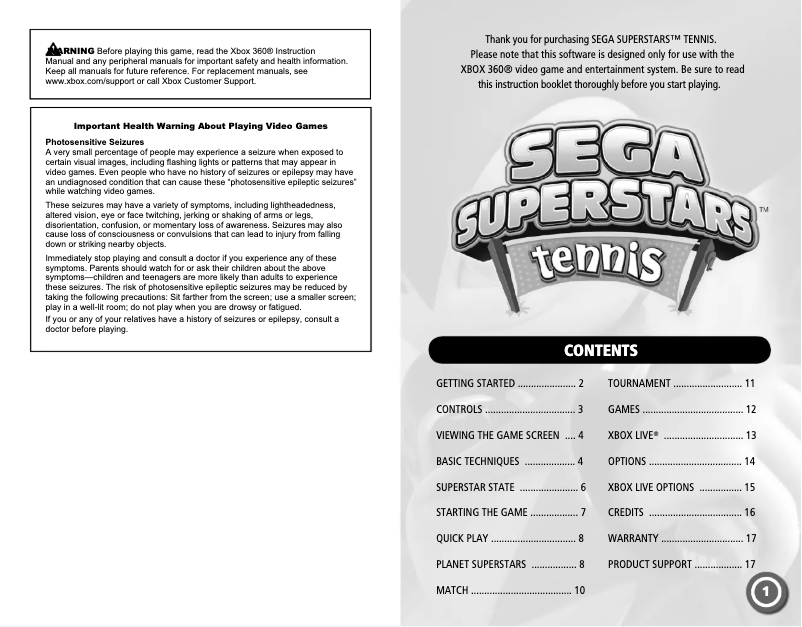 Página 1 del manual Manual de usuario Microsoft SEGA Superstars tennis (Xbox 360)