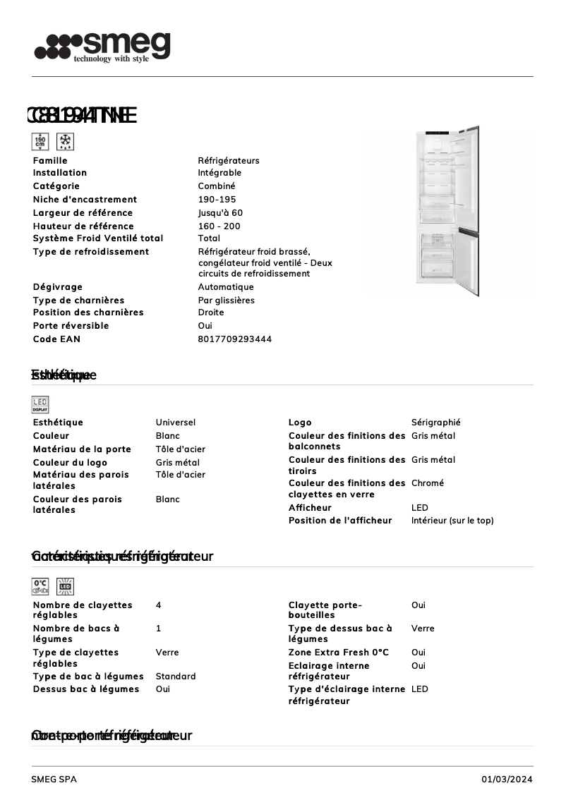 Page 1 de la notice Fiche technique Smeg C8194TNE