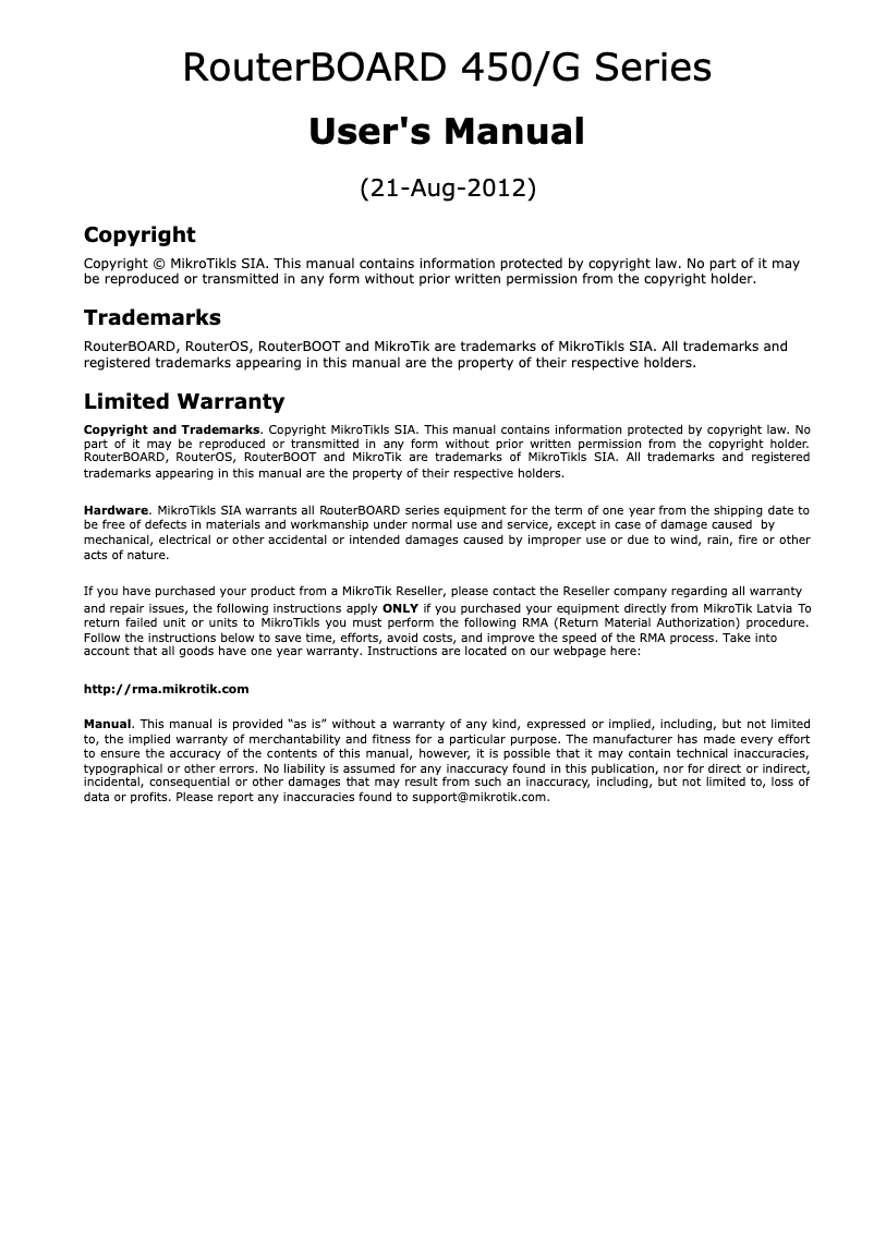 Page 1 de la notice Manuel utilisateur Mikrotik RB450