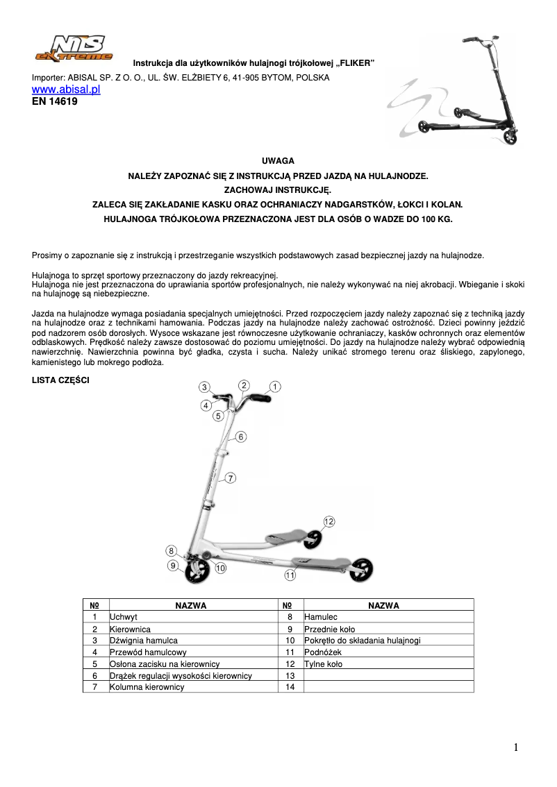 Page 1 de la notice Manuel utilisateur Nils Extreme FL180