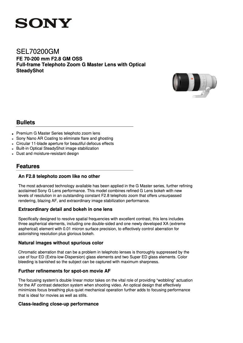 Page 1 de la notice Fiche technique Sony SEL70200GM