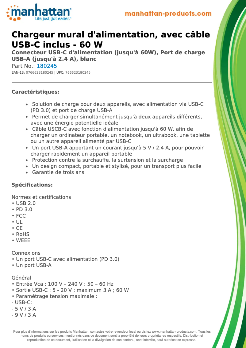 Page 1 de la notice Fiche technique Manhattan 180245
