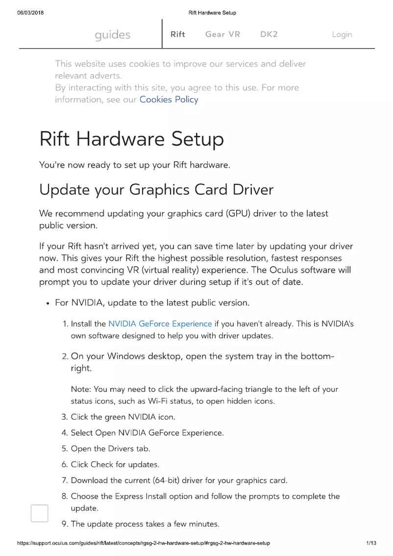 Page 1 de la notice Manuel utilisateur Oculus VR Rift