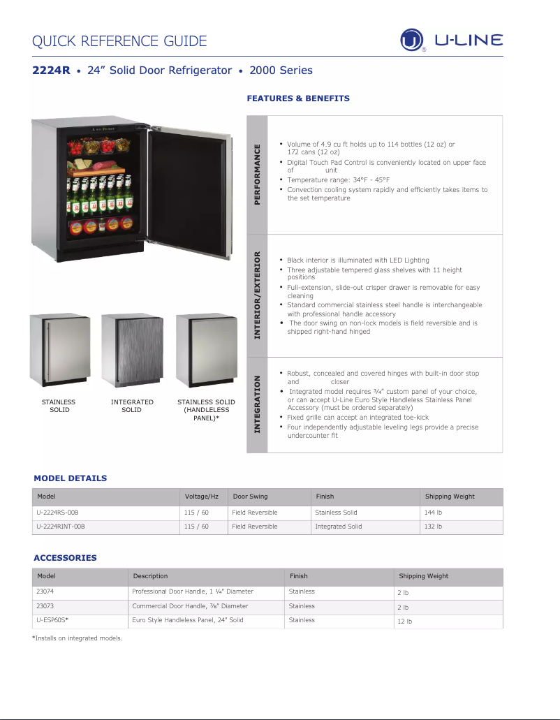 Page 1 de la notice Fiche technique U-Line U-2224RS-00B