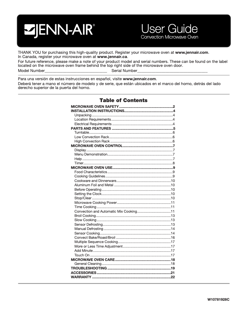 Page n°1 - Manuel d'utilisation et d'entretien JennAir JMC3415ES
