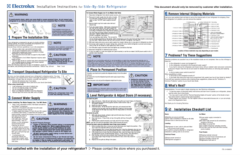 Page 1 de la notice Guide d'installation Electrolux EI26SS30J