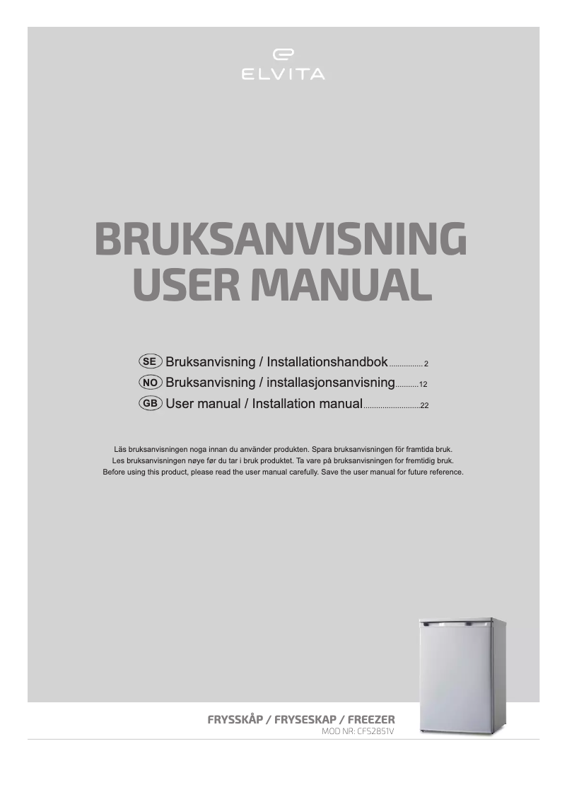 Page n°1 - Manuel utilisateur Elvita CFS2851V