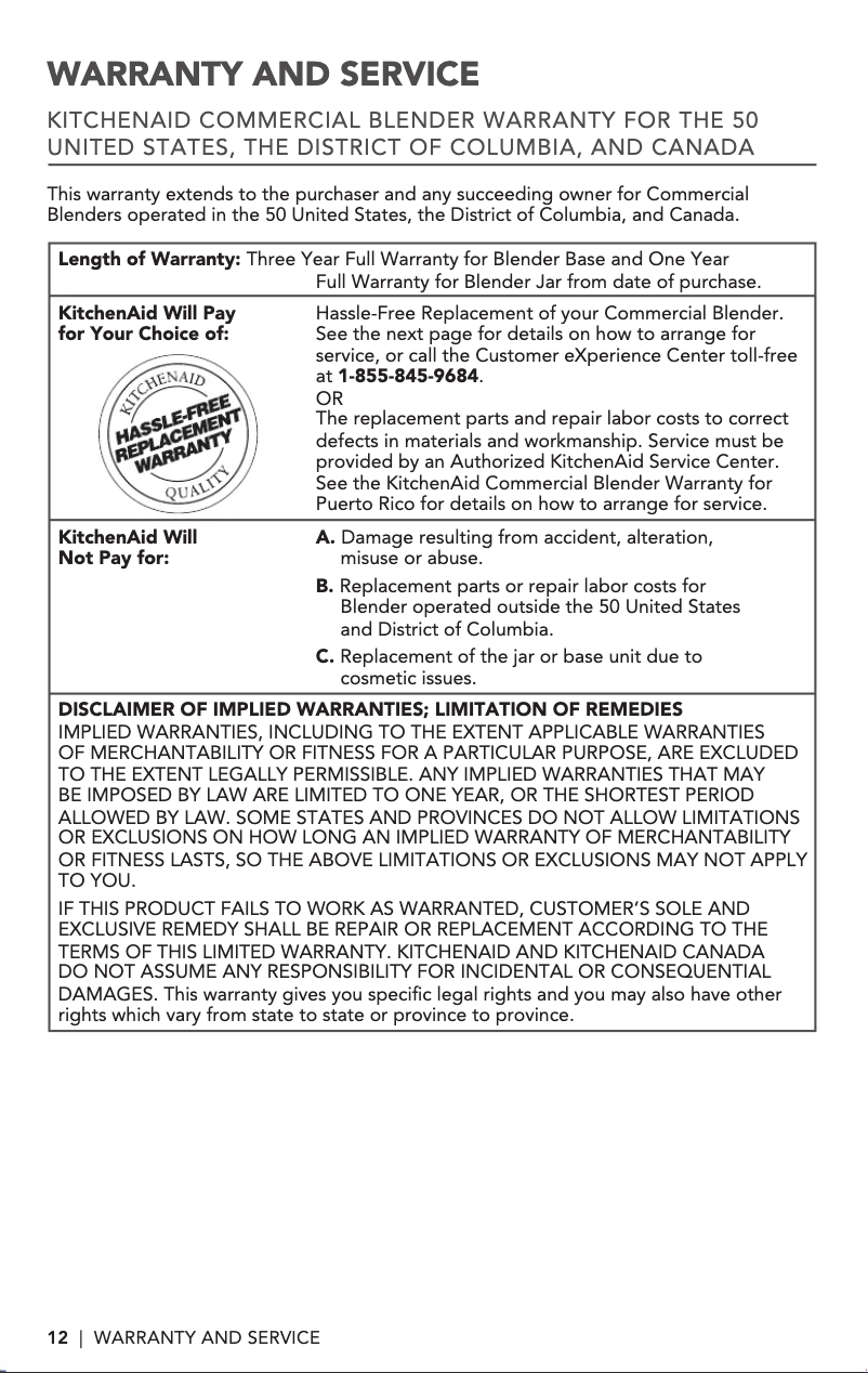 Page n°1 - Informations de garantie KitchenAid KSBC1B0