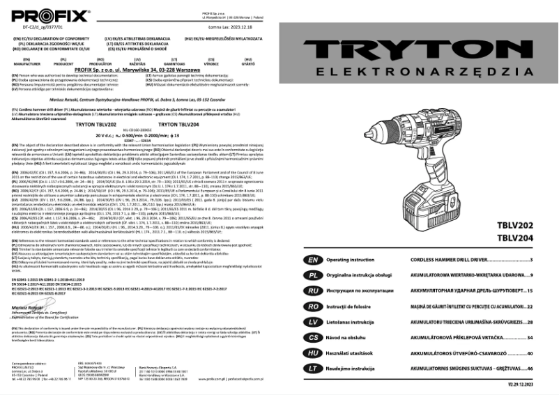 Page 1 de la notice Manuel utilisateur Tryton TBLV202
