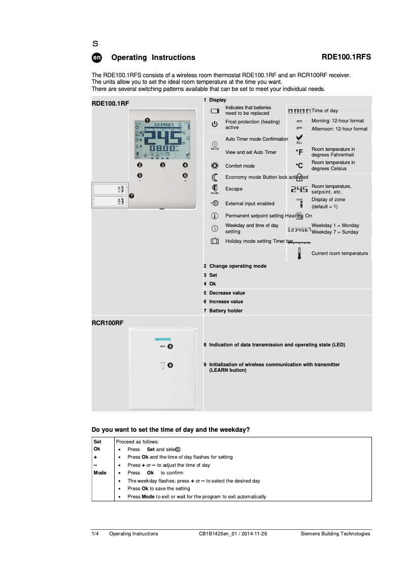 Page 1 de la notice Manuel utilisateur Siemens RDE100.1RFS