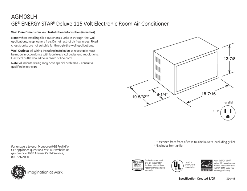 Page 1 de la notice Fiche technique GE AGM08LH
