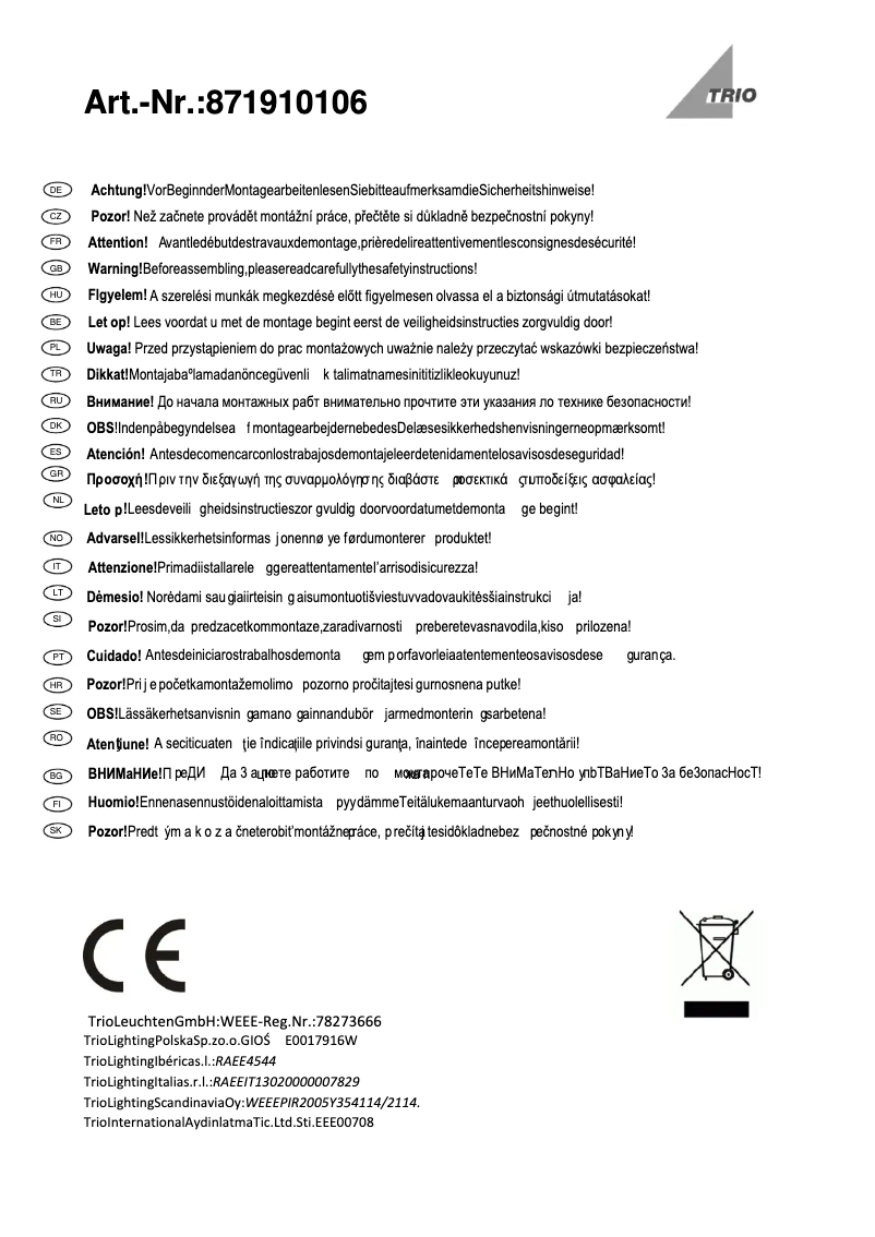 Page 1 de la notice Manuel utilisateur Trio Lighting Paradox 871910106