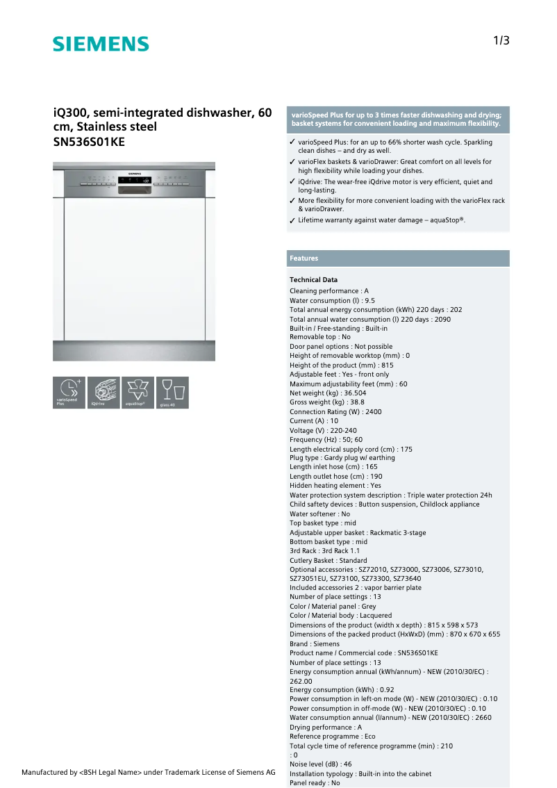 Page n°1 - Fiche technique Siemens SN536S01KE