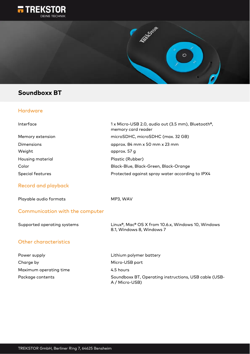 Page 1 de la notice Fiche technique TrekStor Soundboxx BT