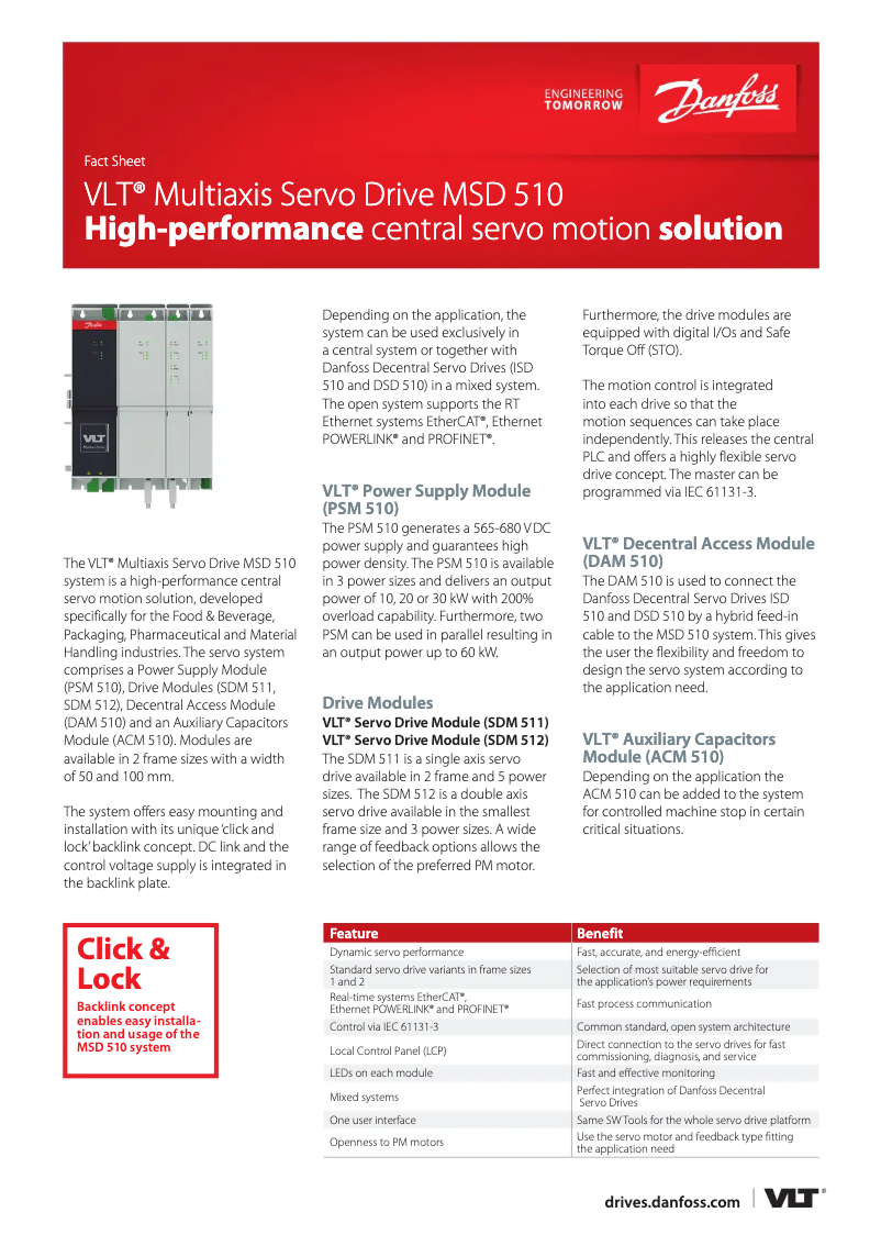 Page 1 de la notice Fiche technique Danfoss VLT Multiaxis MSD 510