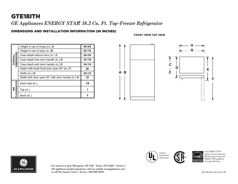 Page 1 de la notice Fiche technique GE GTE18ITHWW