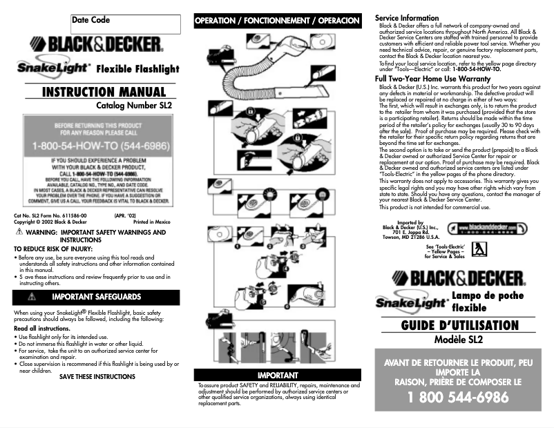Page n°1 - Manuel utilisateur Black & Decker SnakeLight SL2