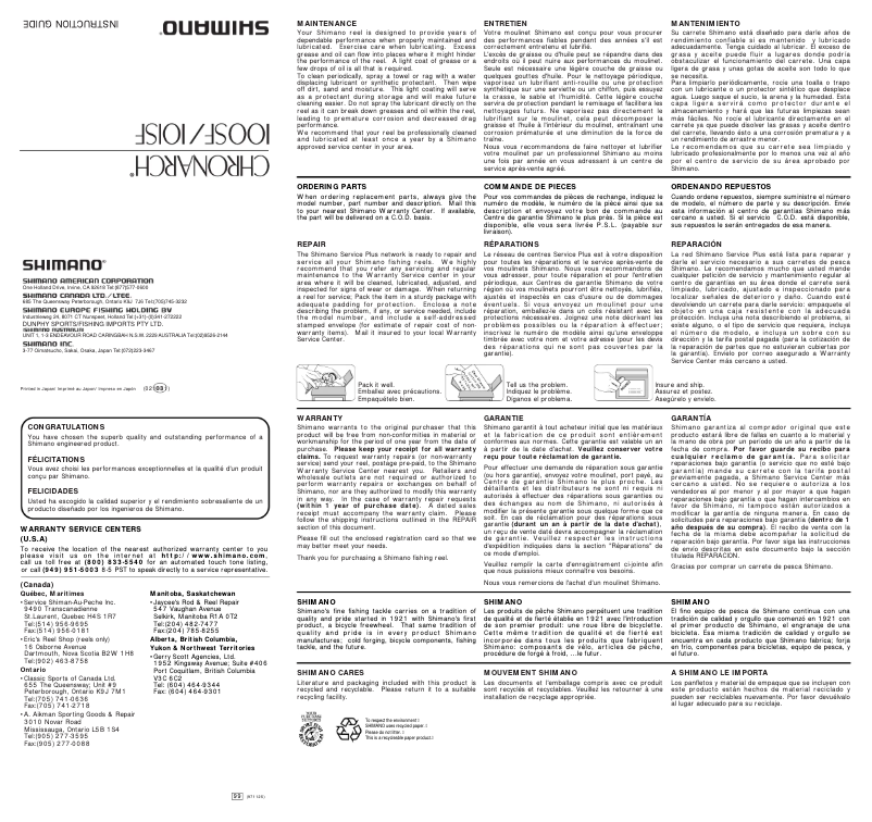 Page 1 de la notice Manuel utilisateur Shimano Chronarch 101SF