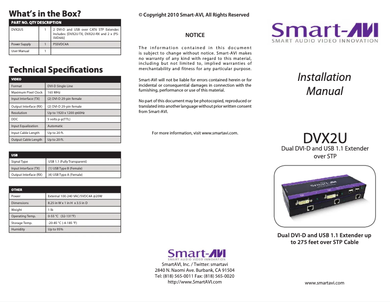 Page 1 de la notice Manuel utilisateur Smart-AVI DVX-2U-RXS