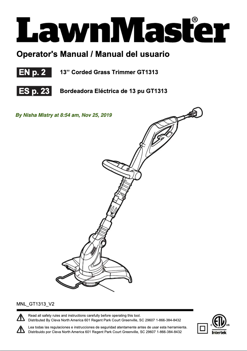 Page n°1 - Manuel utilisateur LawnMaster GT1313