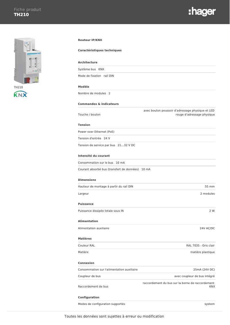 Page 1 de la notice Fiche technique Hager TH210