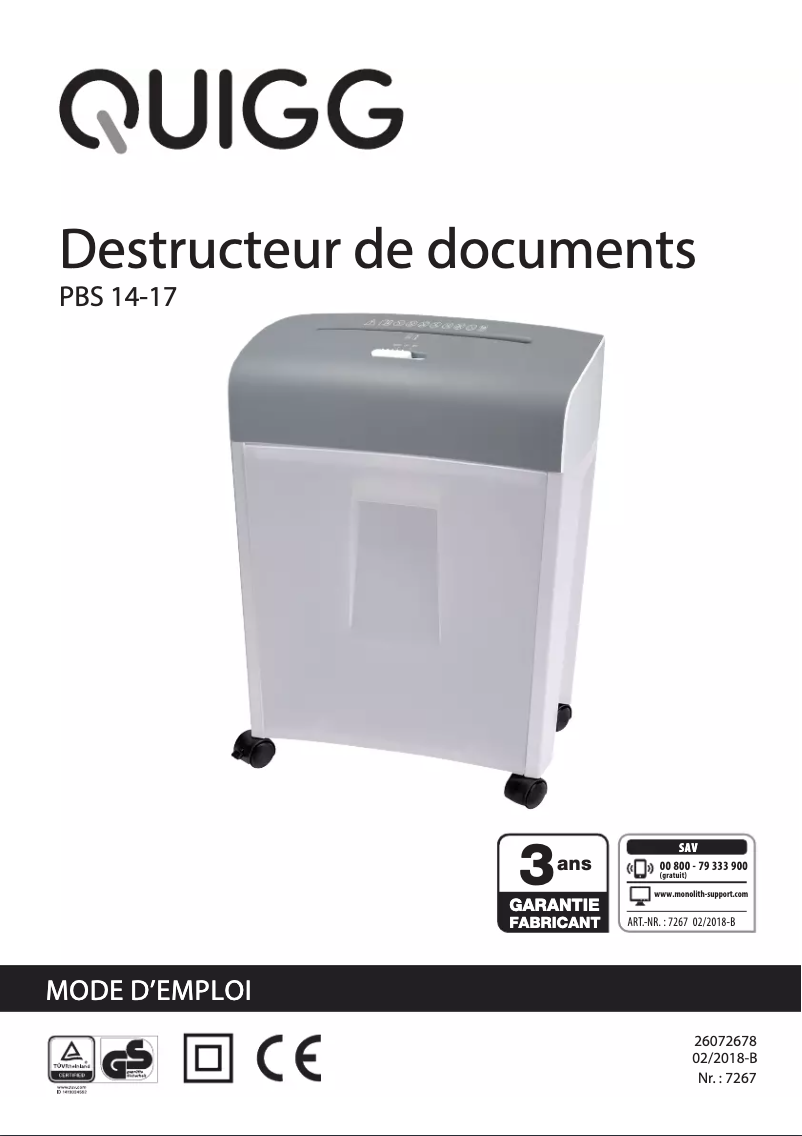 Page 1 de la notice Manuel utilisateur Quigg PBS 14-17