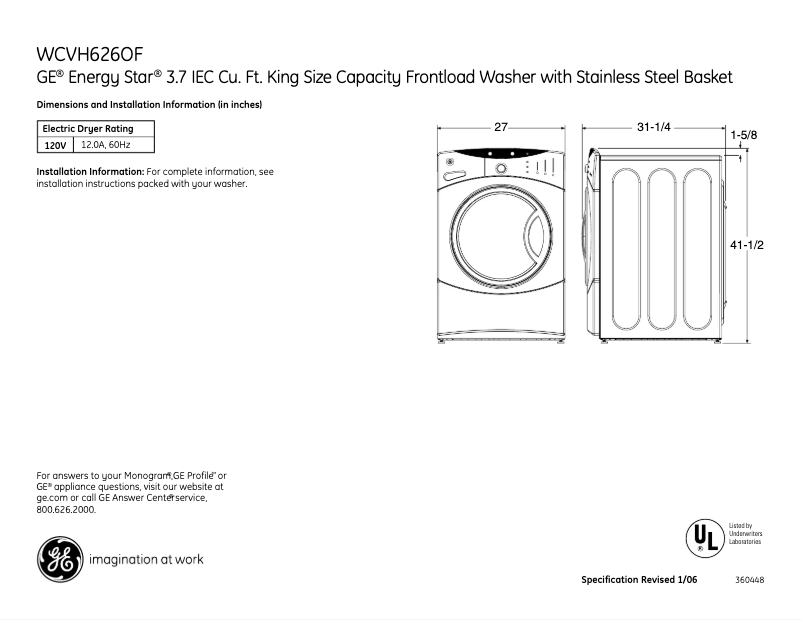 Page 1 de la notice Fiche technique GE WCVH6260FGG