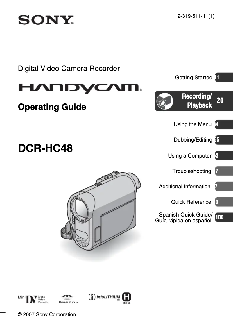 Image de la première page du manuel de l'appareil DCR-HC48